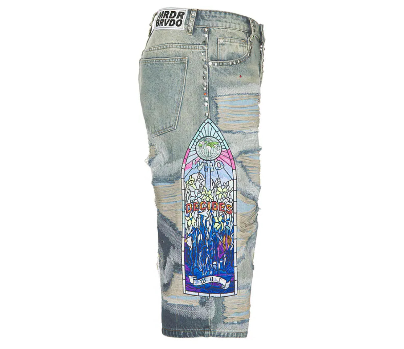 WHO DECIDES WAR CHROME STUD EMBROIDERED SHORT DENIM