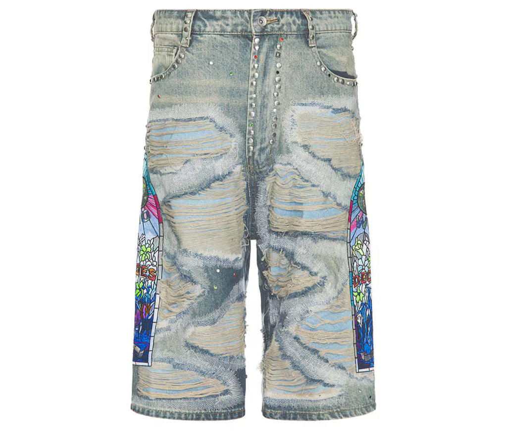 WHO DECIDES WAR CHROME STUD EMBROIDERED SHORT DENIM