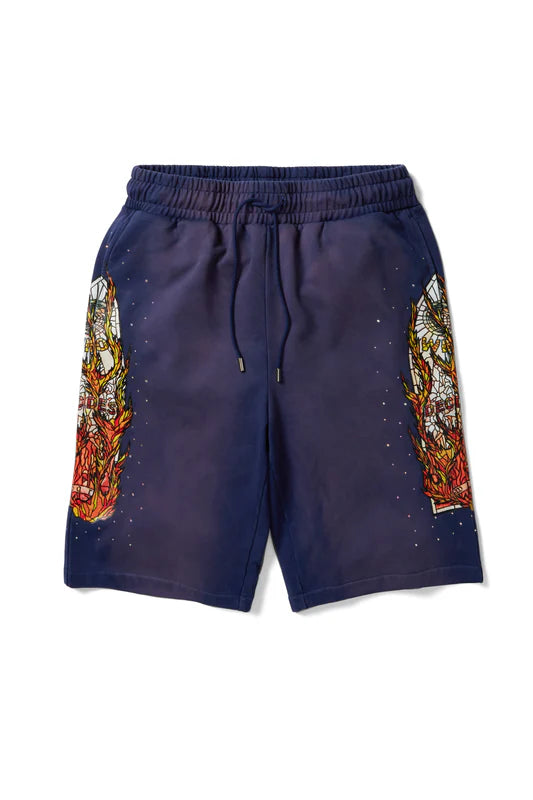 WHO DECIDES WAR FLAME GLASS HOODED SWEATSHORT INDIGO