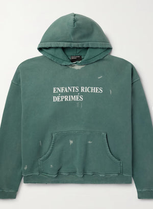 ENFANTS RICHES DÉPRIMÉS
Logo-Print Distressed Cotton-Jersey Hoodie Green