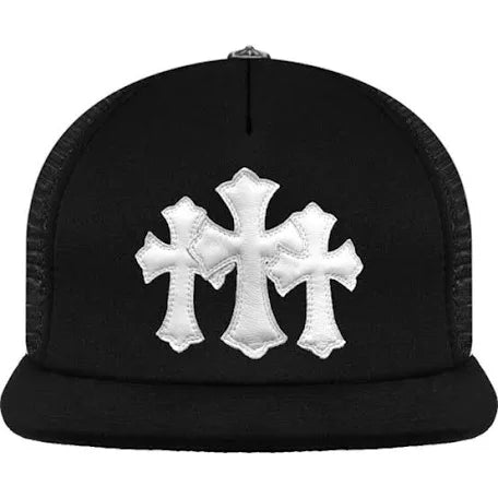 CHROME HEARTS CEMETERY TRUCKER HAT BLACK WHITE 3 CROSSES