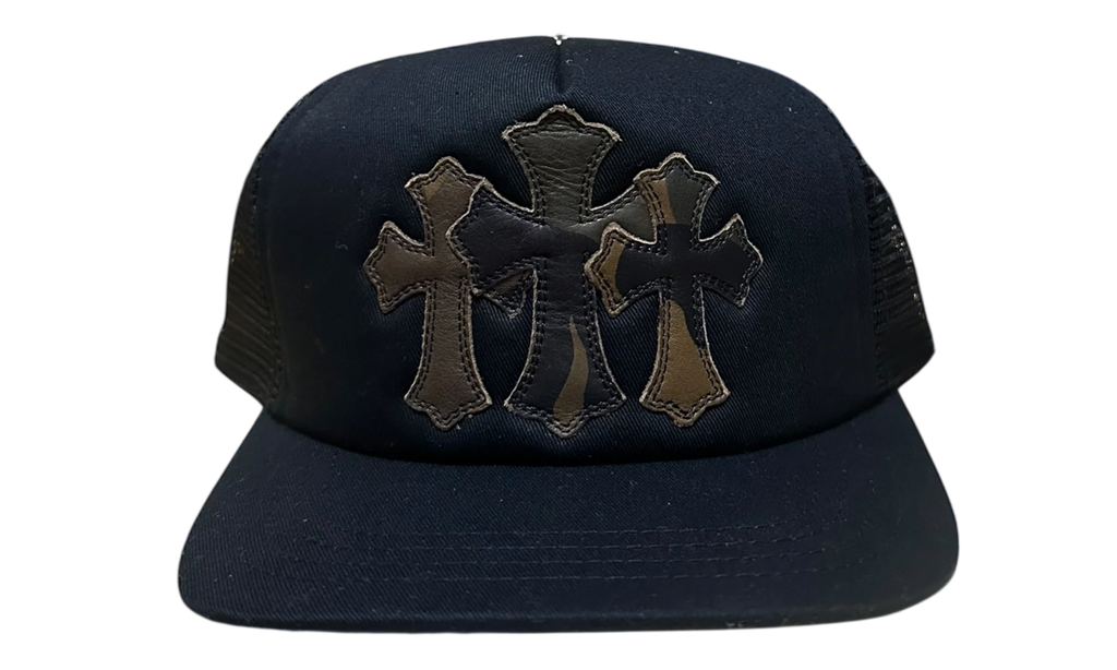 Chrome Hearts Leather Cemetery Cross Patch Trucker Hat Black/Camo