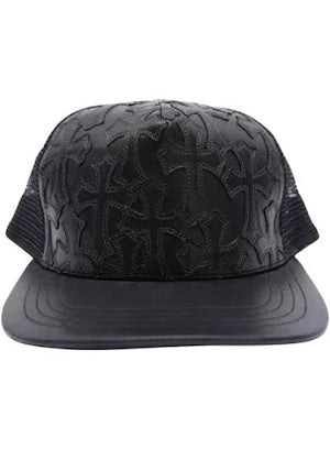 Chrome Hearts Cemetery Cross Leather Stitched Trucker Hat Black