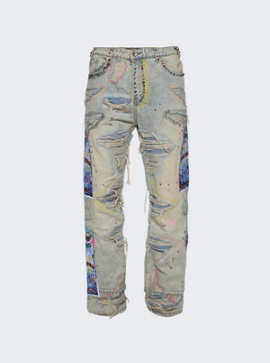 WHO DECIDES WAR STUDDED DISTRESSED EMBROIDERY JEANS SKY