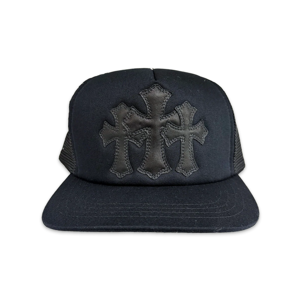 CHROME HEARTS TRIPLE BLACK LEATHER CROSS TRUCKER "BLACK"