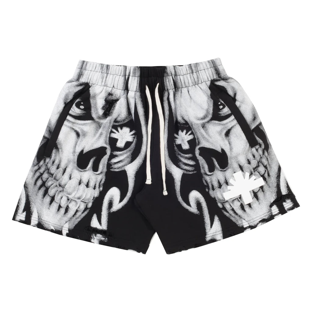 Vertabrae Skull Face Shorts Black White