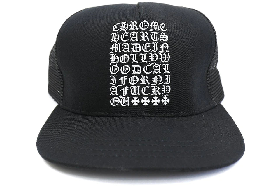 CHROME HEARTS BLACK EYE CHART MADE IN HOLLYWOOD TRUCKER HAT